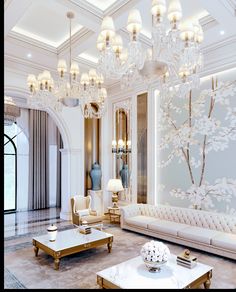 an elegant living room with chandelier and couches