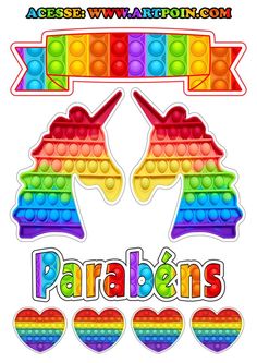 an image of a poster with the words parabens and hearts in rainbow colors