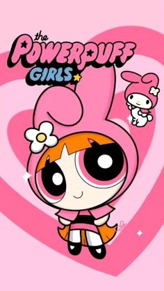 the powerpuff girls cartoon character with pink hair and black eyes, standing in front of a heart