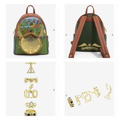 four different types of backpacks and other items in the same image, including an earring