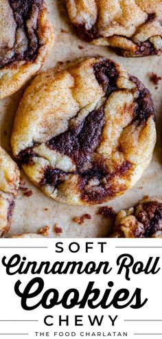 soft cinnamon roll cookies with the title text overlay reads soft cinnamon roll cookies cheesy