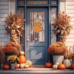 a blue front door with pumpkins and gourds