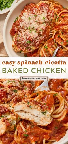 chicken parmesan recipe in a white bowl with text overlay that reads easy spinach ricotta baked chicken