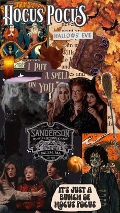 a collage of halloween images with pumpkins, witches and other things on them