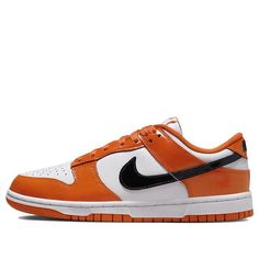 The Nike Dunk Low 'Halloween Patent' is the perfect sneaker for the spooky season. Featuring a white leather base with an orange patent leather upper and black Swooshes, this sneaker is sure to make a statement. The orange laces and rubber sole are complemented by the black branding on the white midsole, creating a look that is both stylish and bold. Whether you're trick-or-treating or just want to make a statement, this sneaker is the perfect choice. (SNKR/Skate/Low Top/Women's) Retro Orange Sneakers For Streetwear, Orange Low-top Sneakers For Fall, Fall Orange Low-top Sneakers, 720 Nike, Dunk Shoes, Black Branding, Jordan Vi, Air Jordan Vi, Dunk Low Nike