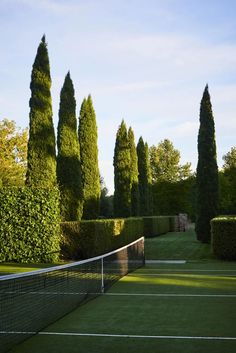 a tennis court surrounded by trees and grass