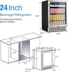 an image of a beverage refrigerator with its door open and the contents labeled below it