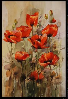 a painting of red poppies on a white and brown background with watercolor effect