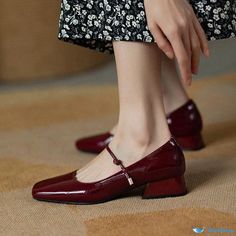 Orcajump - Vintage Mary Jane Single Shoes with Chunky Low Heels, featuring Red Patent Leather and Square Toe Rough Heels, Low Heels, Mary Janes, Patent Leather, Heel Height, Square, Heels, Red, Leather