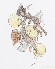 a drawing of two angels flying through the air with balloons in their hands, and one holding