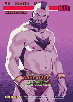 a man with a beard and no shirt standing in front of a purple background that says game over