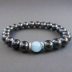 Hematite & Aquamarine Beaded Bracelet - Blackbird & Sage