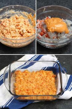 four different pictures show how to make a casserole dish with chicken and rice