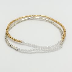 "This stretch bracelet features a 1.5\" section of genuine 2mm faceted clear quartz crystals. It can be made with either sterling silver or gold accent beads. The bracelet is finished with high quality Miyuki Delica duracoat beads in either galvanized gold or silver finish.  This bracelet can be customized for size. If you are unsure of your wrist size, simple measure a bracelet that you like the length of; or wrap a string tightly around your wrist and then measure the length. Add .5 inches to Everyday White Crystal Bracelet With Faceted Beads, Adjustable Faceted Crystal Bracelet For Everyday, Adjustable Faceted Crystal Bracelet In Minimalist Style, Adjustable Faceted White Crystal Bracelet, Adjustable White Faceted Crystal Bracelet, Minimalist Adjustable Faceted Crystal Bracelet, White Faceted Adjustable Crystal Bracelet, White Adjustable Faceted Crystal Bracelet, Adjustable Faceted Beads Bracelets For Layering