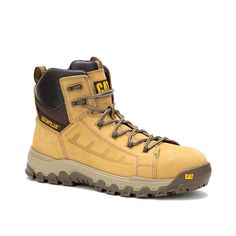 a pair of yellow work boots on a white background