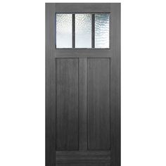 an exterior door with glass panels on the top and bottom panel, in dark wood