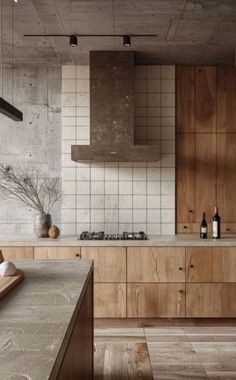 a kitchen with wooden cabinets and white tiled walls