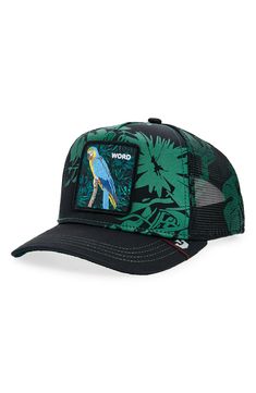 An embroidered patch fronts a classic trucker hat constructed with breathable mesh paneling at the sides and back. Adjustable snapback strap 60% polyester, 35% nylon, 5% cotton Spot clean Imported 5-panel Mesh Trucker Hat With Logo Patch, Casual Mesh Snapback Hat With Embroidered Logo, Adjustable Mesh Trucker Hat With Embroidered Logo, Mesh Snapback Hat With Embroidered Logo, Embroidered Logo Mesh Snapback Hat, Mesh 5-panel Hat For Streetwear, Casual Green Mesh Trucker Hat, Casual Green Mesh Snapback Hat, Green Mesh Trucker Hat