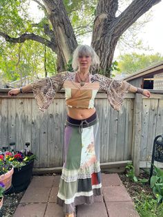 "This is an original, one of a kind, Zasra design. It is a eco conscience, patchwork , funky, lightweight , cropped length, yoga wrap flow top.   The design is long length, with wide flowing bohemian sleeves, with built in tie straps to secure like a ballet top. This is so cute for yoga class, to dress up casual sweats or pair with a fun skirt, jeans, my fun hooper pants... it is endless.     For this wrap jacket top I have chosen  a mix of recycled soft jersey knit, in a earthy neutral mix of s Hippie Patchwork Tops For Festival, Bohemian Patchwork Tops For Festivals, Bohemian Festival Tops With Patchwork, Bohemian Patchwork Festival Tops, Hippie Fitted Patchwork Tops, Clothing Layering, Boho Whimsical, Ballet Top, Hippie Clothing