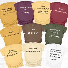 six t - shirts with words written on them in different colors and sizes, including one saying