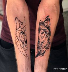 two people with tattoos on their arms, one has a fox and the other has a wolf