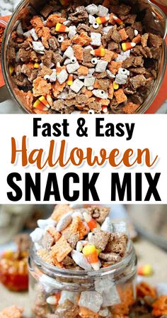 halloween snack mix in a glass jar with candy corn and marshmallows on top