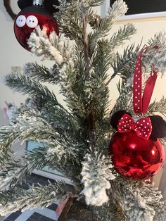 a christmas tree decorated with mickey mouse and minnie mouse ornament hanging from it's branches