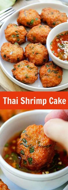 there is a plate with some food on it and the words thai shrimp cake above it