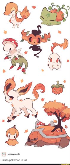 an image of pokemon characters with autumn leaves and pumpkins in the background, as well as