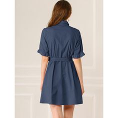 With ruffled short sleeves and a flattering tie at the waist, this shirt dress is crafted from soft cotton. Transition easily from day to night in this shirt dress in workwear style - a classic full button front with a pointed collar and waist tie. Available in a variety of styles, this solid A-line dress is belted, pointed collar, knee-length, ruffled short sleeves, button-down collar, solid color, belted dress, and heels for a retro look, perfect for everyday wear or weekend events. Solid Color Cotton Shirt Dress For Work, Collared Cotton Shirt Dress With Tie Waist, Cotton Collared Shirt Dress With Tie Waist, Knee-length Cotton Shirt Dress With Tie Waist, Cotton Ruffled Button-up Shirt Dress, Mini Length Shirt Dress With Tie Waist For Work, Cotton Button-up Shirt Dress With Ruffles, Cotton Collared Shirt Dress With Ruffles, Collared Cotton Shirt Dress With Ruffles