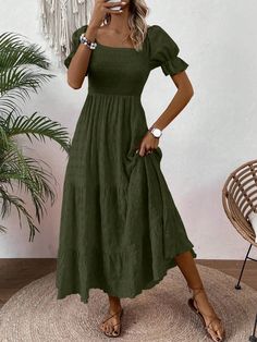 Women's Solid Color Simple Casual Puff Sleeve Dress Maxi Women Outfit Olive Green Casual,Boho  Short Sleeve Woven Fabric Plain A Line Slight Stretch  Women Clothing, size features are:Bust: ,Length: ,Sleeve Length: Dark Green Dress, Fall Family Pictures, Olive Green Dresses, Puff Sleeve Dress, Puffed Sleeves Dress, Women Maxi, Fall Family, My Dream House, Women Long Dresses