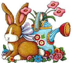 a rabbit with flowers and a watering can