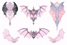 four different types of bat wings with intricate designs on the wings and back, all in pink