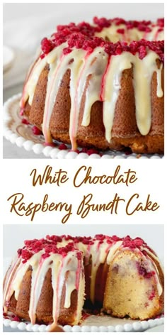 two pictures of a cake with white chocolate and raspberry glaze