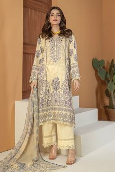 Khaadi BLA240331 L-Yellow Eid Collection 2024 Cream Lawn Suit With Digital Print For Spring, Festive Yellow Lawn Suit With Digital Print, Festive Yellow Digital Print Lawn Suit, Unstitched Yellow Lawn Suit With Digital Print, Beige Long Sleeve Cotton Lawn Suit, Unstitched Yellow Cotton Lawn Suit, Yellow Digital Print Lawn Suit For Summer, Yellow Long Sleeve Lawn Suit With Printed Motifs, Festive Beige Lawn Suit With Digital Print