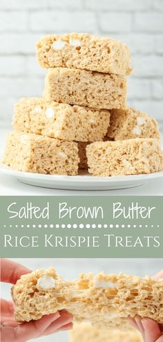 rice krispy treats stacked on top of each other with the words salted brown butter rice krispie treats