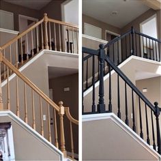 two pictures of stairs and railings in a house