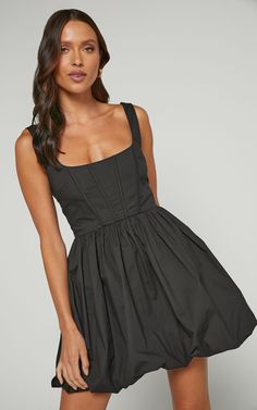 Brianda Mini Dress - Corset Bodice Bubble Dress in Black | Showpo USA Black A-line Dress With Corset Back, Black A-line Mini Dress With Fitted Bodice, Fit And Flare A-line Corset Dress For Date Night, Black Sleeveless Flirty Corset Dress, Black Square Neck Corset Dress For Summer, Black A-line Corset Dress For Date Night, Black Dresses With Corset Back For Spring, Black Square Neck Corset Dress For Night Out, Sleeveless Black Midi Dress With Corset Back