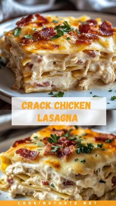 A creamy and irresistible twist on traditional lasagna, layered with tender shredded chicken, crispy bacon, a velvety ranch-infused cream cheese sauce, gooey melted cheese, and lasagna noodles. This dish combines comforting flavors with a touch of indulgence for a crowd-pleasing meal. Chicken Bacon Ranch Lasagna, Crock Pot Inspired Lasagna Recipes, Chicken Lasagna Recipe, Cream Cheese Sauce, Chicken Crispy, Traditional Lasagna, Lasagna Noodles, Chicken Lasagna, Crowd Pleasing Recipes