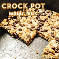 a close up of food on a pan with the words crock pot magic bars