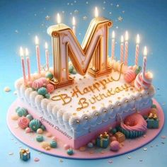 a birthday cake with lit candles and the letter m on it