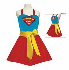 a women's superman dress with yellow ribbon around the waist