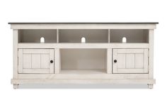 a white entertainment center with two doors and three drawers on one side, an open shelf above the other