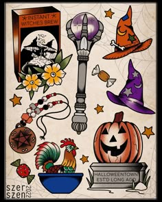 an old fashioned halloween sticker sheet with witches and pumpkins on it's side