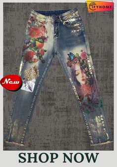 Women's Casual Abstract Printed Denim Trousers Painted Clothes Diy, Denim Art, Denim Ideas, Painted Jeans, Denim Patterns, Painted Denim, Embellished Jeans, Painted Clothes, Jeans Diy