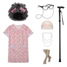 an assortment of clothing and accessories including a hat, cane, eyeglasses, necklaces