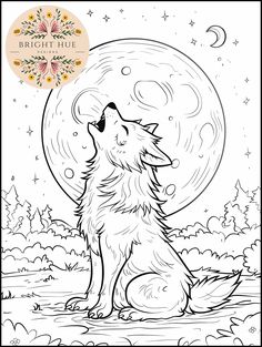 a wolf sitting on the ground in front of a full moon with stars and flowers around it