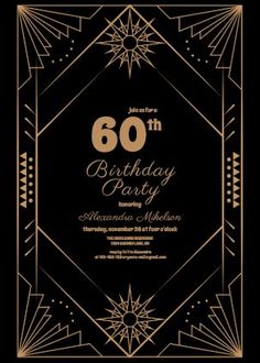 a black and gold 60th birthday party with an art deco style frame on the front