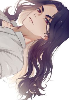 a woman with long black hair and red eyes is wearing a white shirt while she has her hand on her shoulder