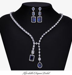 Glamorous 3A CZ Sapphire Blue Wedding and Formal Jewelry Set Sapphire Blue Wedding, Beaded Edge Veil, Sapphire Blue Weddings, Quinceanera Accessories, Winter Wedding Accessories, Gold Bridesmaid Jewelry, Sapphire Jewelry Set, Beaded Wedding Veils, Rose Gold Bridesmaid